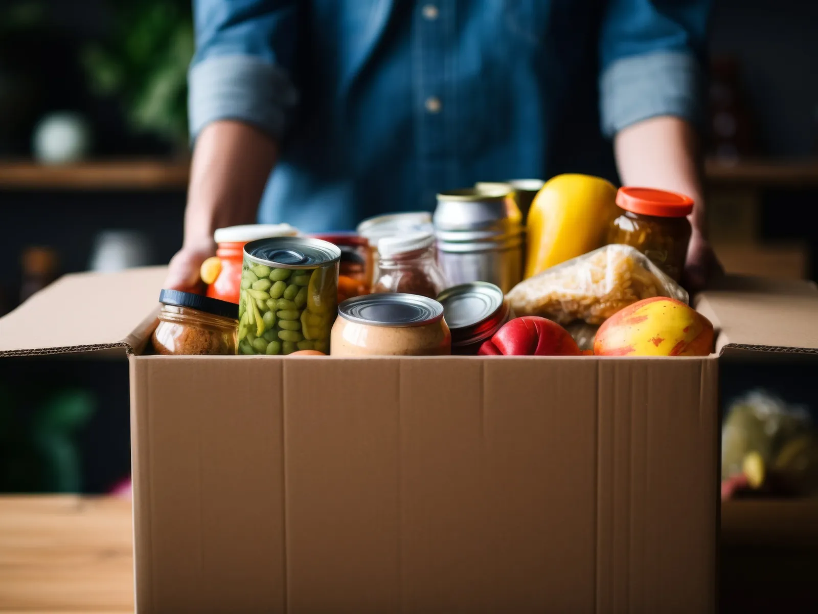 A cardboard box of donated tins, jars and packets held out across a table