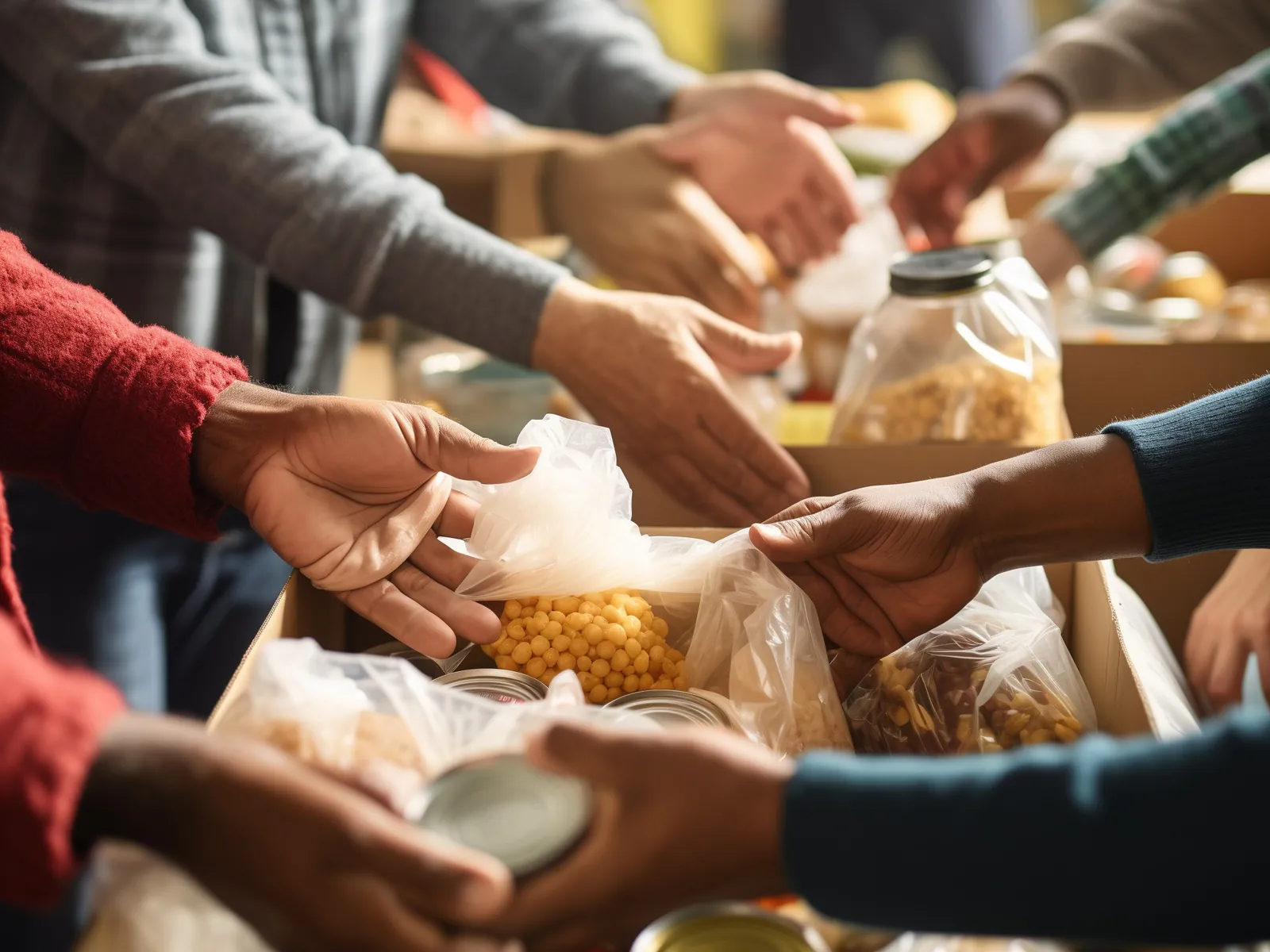 Volunteers' hands packing tins, pasta and dried food into cardboard boxes